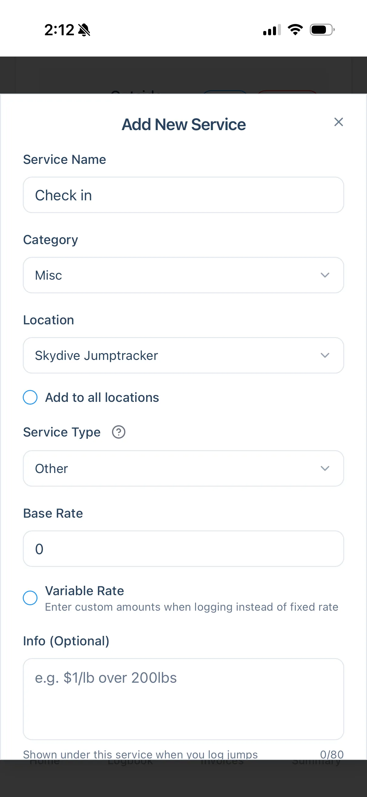The Add New Service form filled in with a Check in service, Misc category, Other type and a base rate of 0