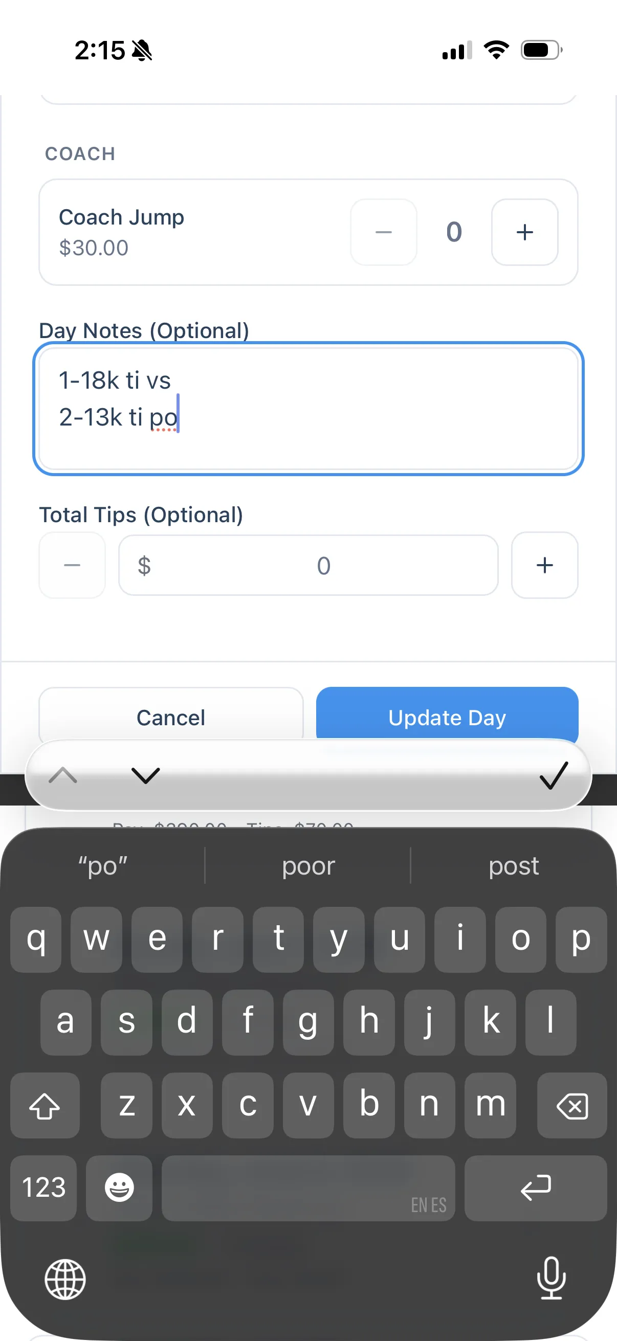 The Day Notes field with two short lines of notes for two jumps