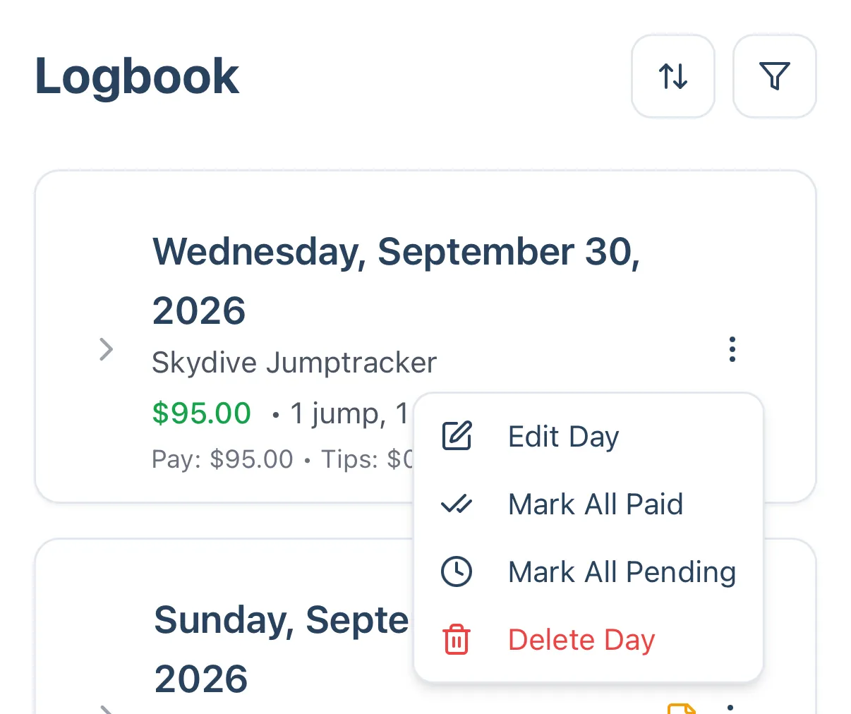 The Logbook with the day menu open showing Edit Day, Mark All Paid, Mark All Pending and Delete Day