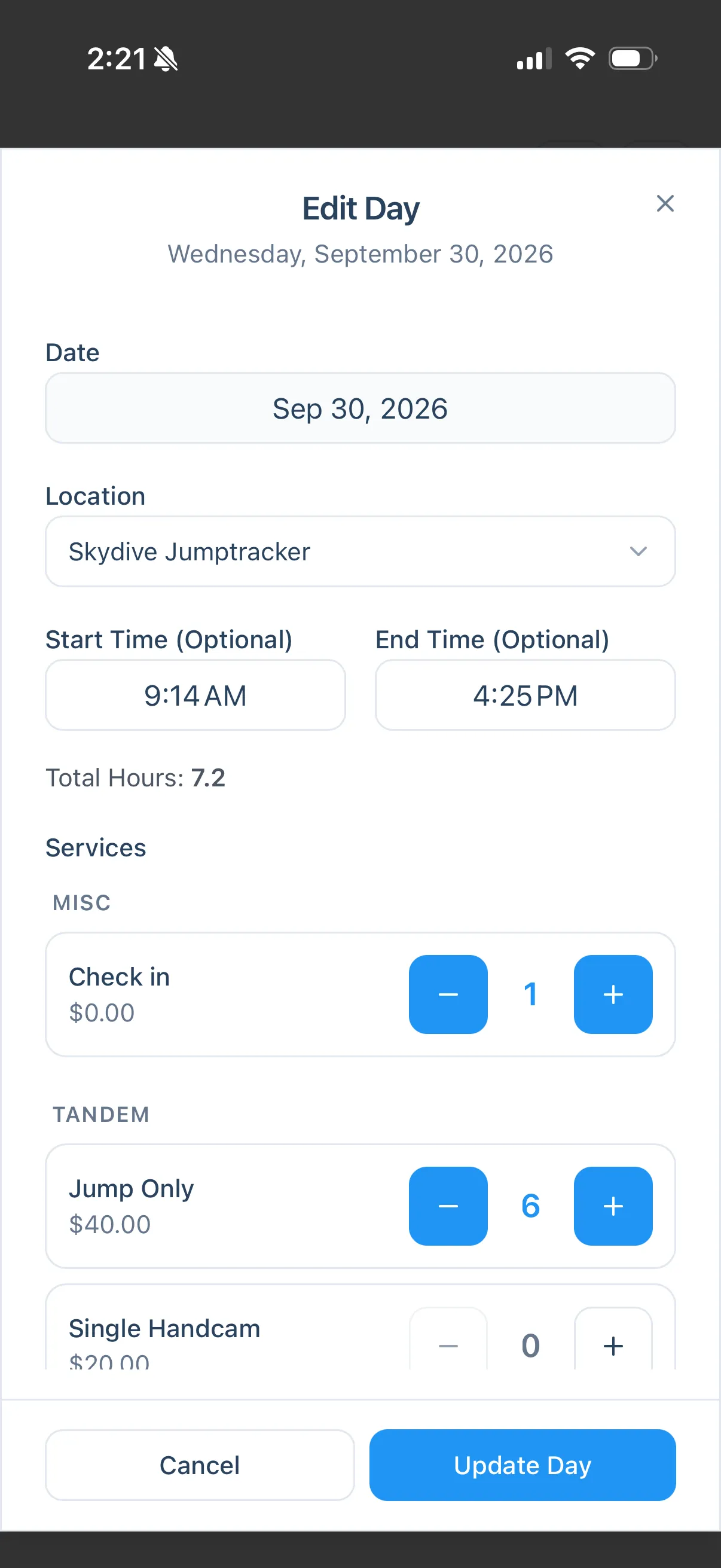 The Edit Day screen with a 9 AM start, 4 PM end, 7.2 total hours, Check in at 1 and Jump Only at 6
